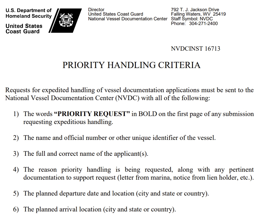 National Vessel Documentation Center (NVDC) priority handling