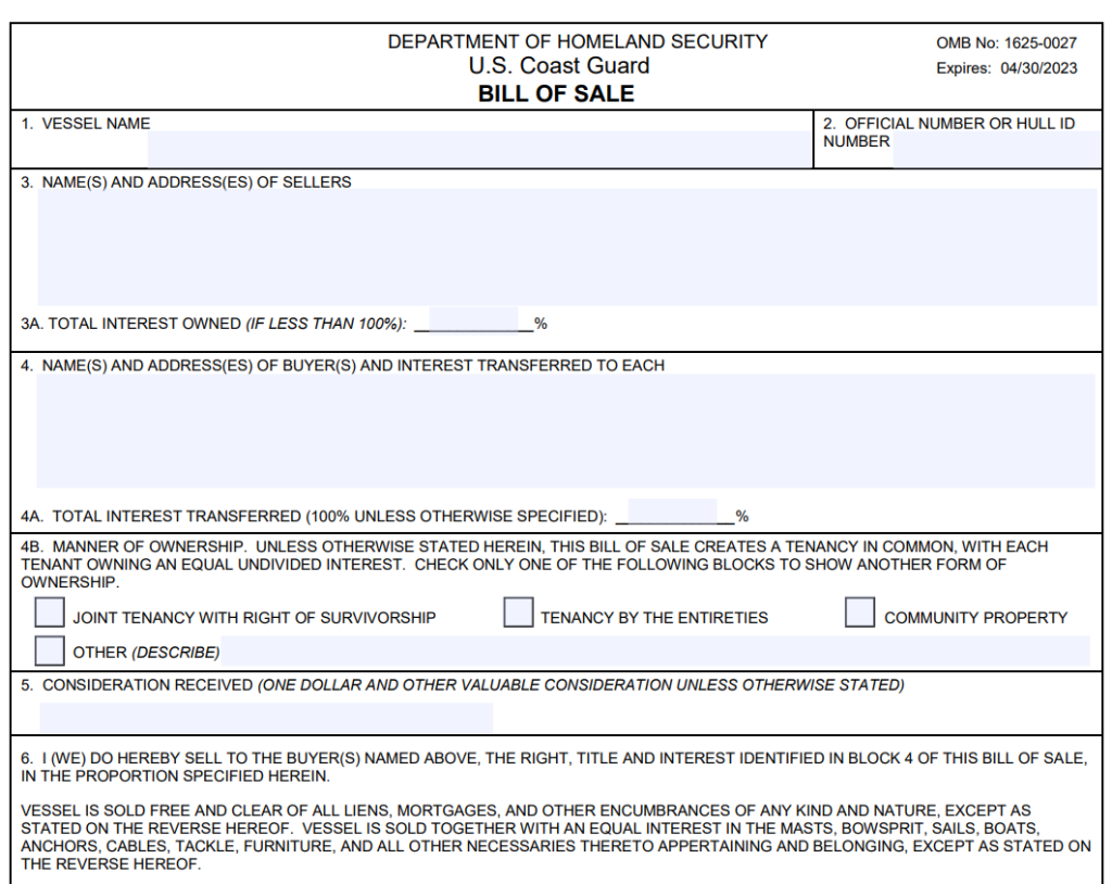 Example USCG bill of sale document