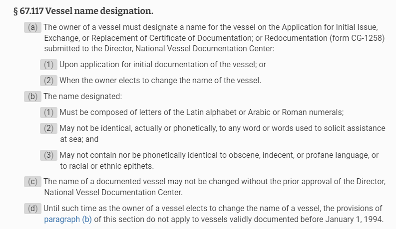 rules from the USCG for naming a vessel