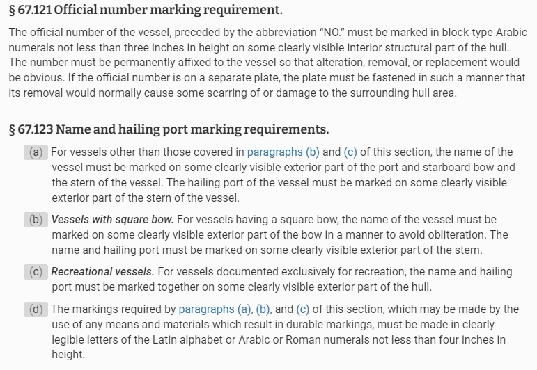 vessel marking requirements: Official number marking requirement and Name and hailing port marking requirements.